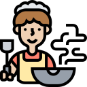 Persona cocinando en la cocina, con una bandeja y utensilios de cocina, vistiendo un delantal y una cofia. Ideal para ilustrar recetas o actividades culinarias.