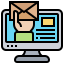 Ilustración de un ordenador de escritorio mostrando una pantalla con un mensaje de correo electrónico y una mano que sostiene un sobre, representando el concepto de comunicación digital y envío de correos electrónicos.