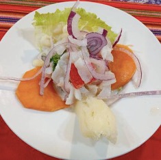 Ceviche fresco servido en un plato blanco, acompañado de lechuga, rodajas de cebolla morada y trozos de melón, con una guarnición de yuca. Ideal para disfrutar en un día caluroso.